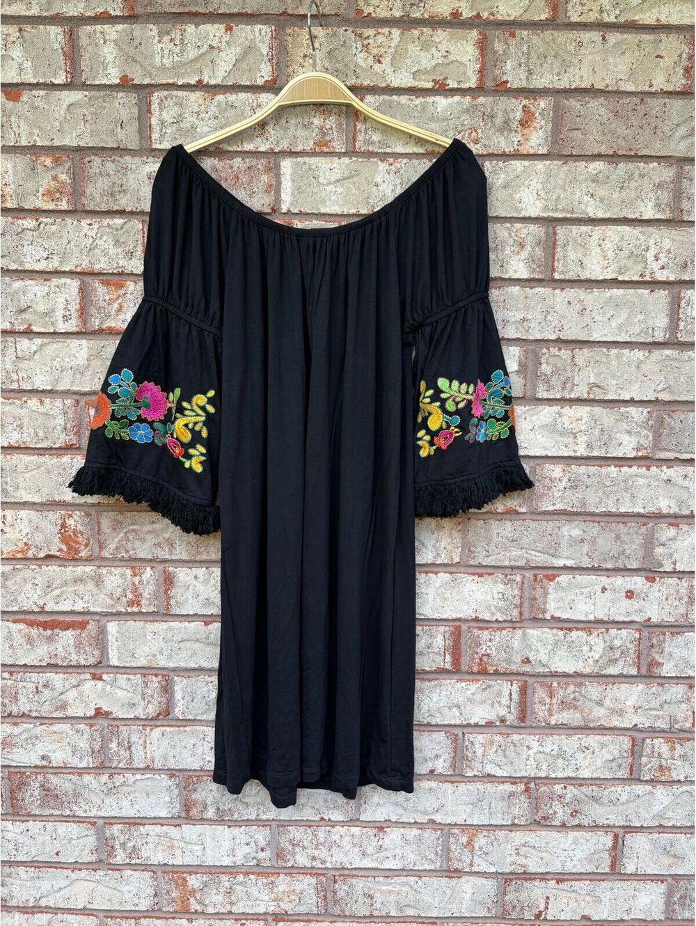 Origami By Vivien Dress Black Floral Embroidered Bell Sleeve Boho Size S